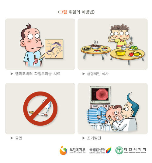 [그림: 위암의 예방법]헬리코박터 파일로리균 치료,균형적인 식사,금연,조기발견