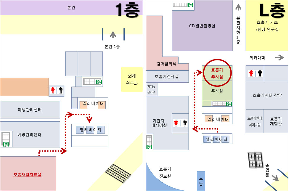 호흡재활치료실에서 호흡기 주사실 이동 경로