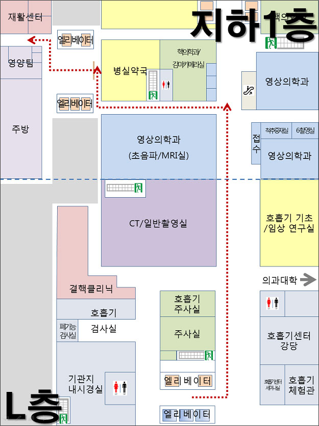 호흡재활치료실에서 재활센터 이동 경로