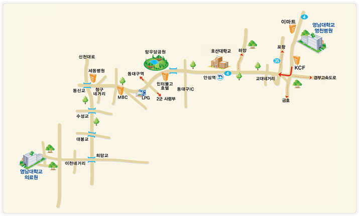 찾아오는 방법에 대한 상세한 내용은 하단의 내용 참조 영천병원에서 의료원까지의 약도