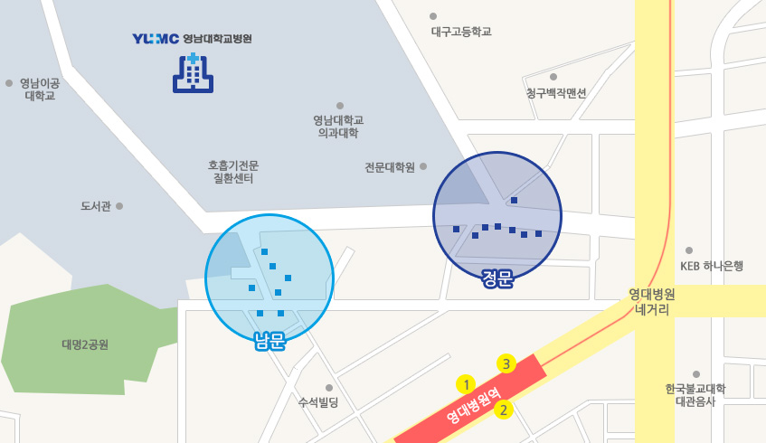 병원 남문으로 7개의 약국이, 정문으로 8개의 약국이 있습니다.