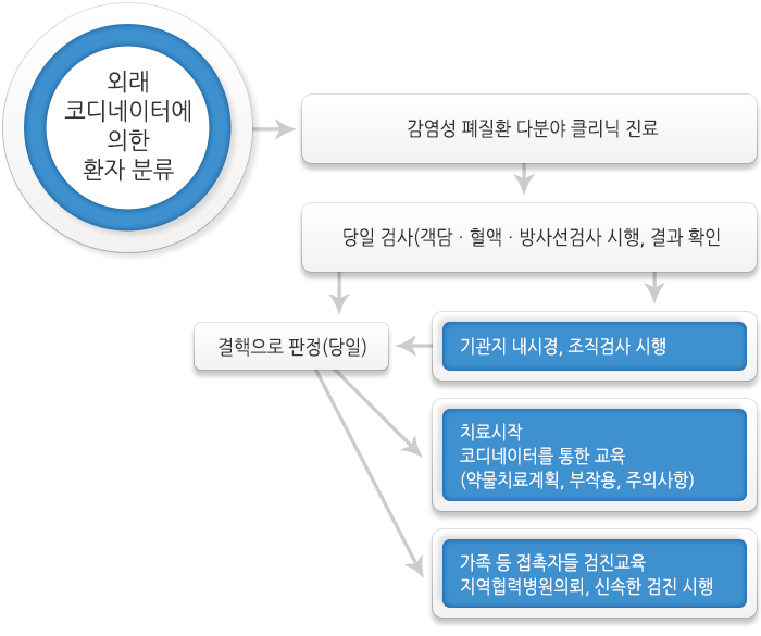 외래 코디네이터에 의한 환자 분류→감염성폐질환다분야 클리닉 전문→당일검사(잭담,혈액,방사선검사 시행,결과확인)→기관지내시경,조직검사시행→결핵으로 판정(당일)→치료시작 코디네이커를 통한 교육(약물치료계획,부작용,주의사항),가족등접촉자들검진교육 지역협력병원의뢰,신속한검진시행